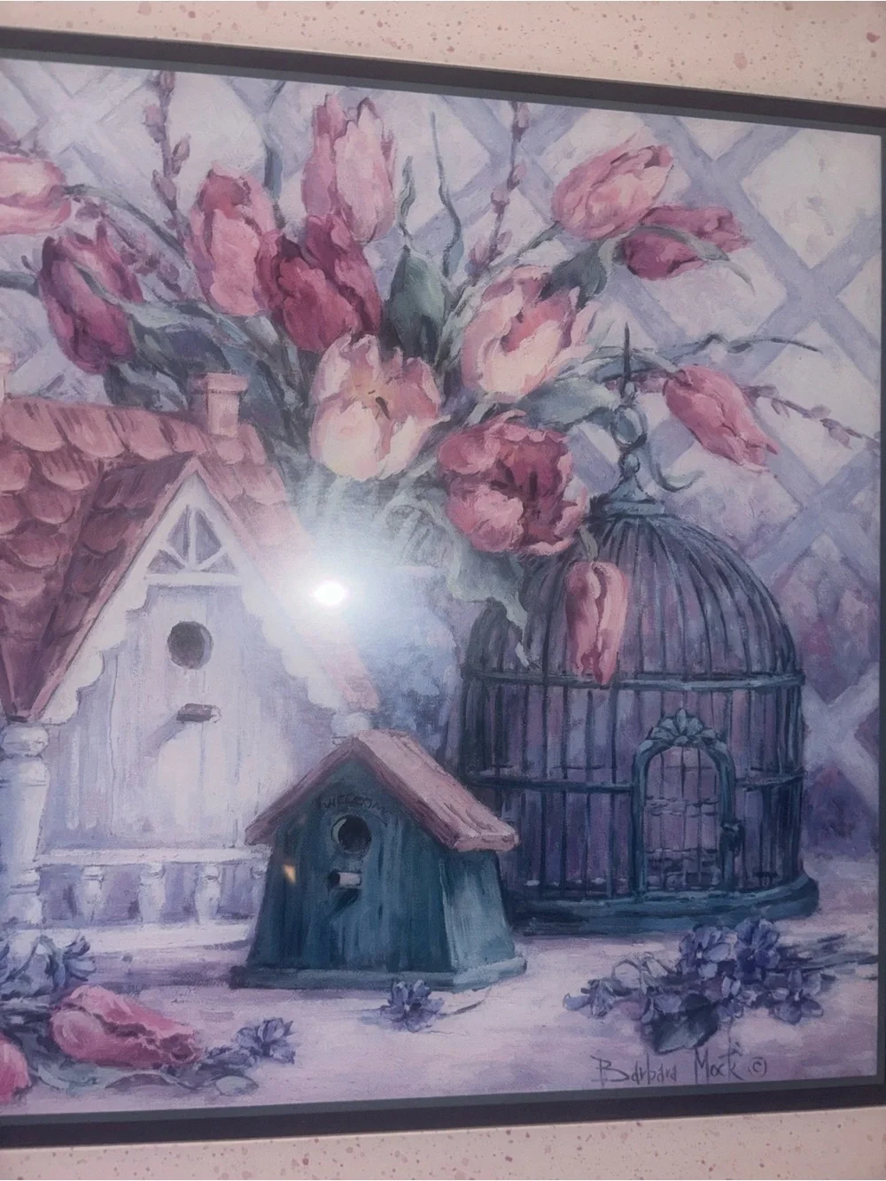 Vintage Floral Print titled Birdhouse Blessings By Barbara Mock